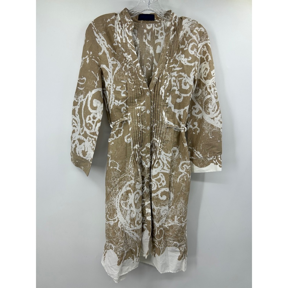 Piazza Sempione Tan White Abstract Pintuck Button Front Tie Waist Dress Italy